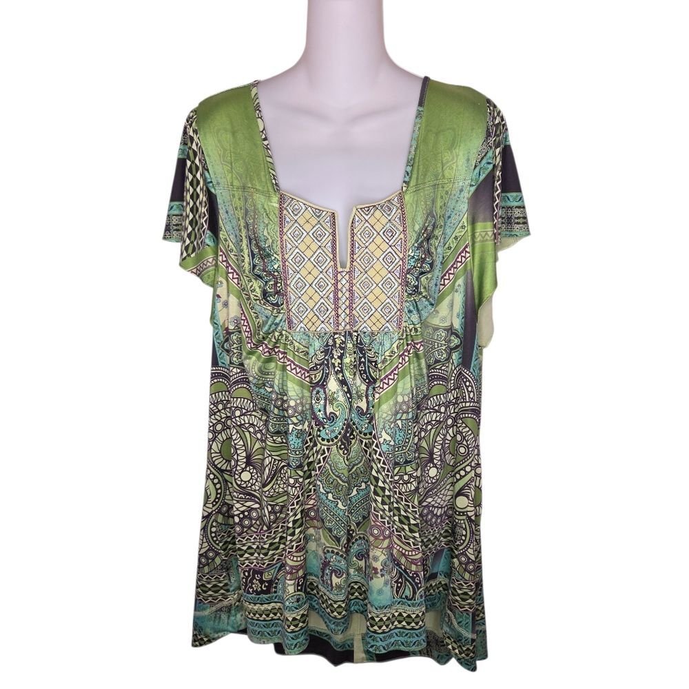 One World Bohemian Sublimation Peasant Top Blouse Size 3x